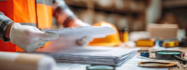 Construction worker reviewing blueprints & documents
