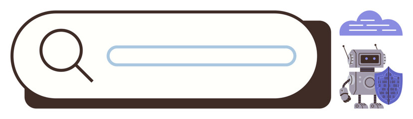 Magnifying glass and search bar interface, robot holding shield for protection, and cloud icon. Ideal for cybersecurity, AI, data protection, digital search, online safety, cloud storage