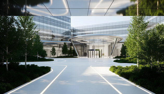 Modern corporate building entrance with circular canopy and landscaped plaza in daylight