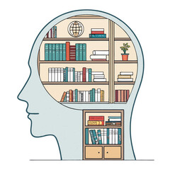 Mind as a Library of Knowledge, A human head silhouette filled with bookshelves, Vector art for prints - Generative AI
