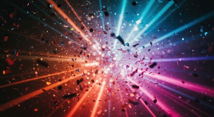 Obraz premium Dynamic explosion of light and particles creates a vibrant and abstract background with energetic colors and sparkling effects