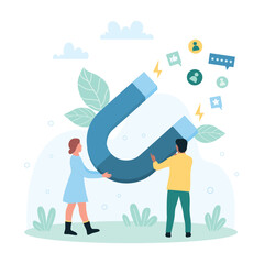 Digital marketing strategy vector illustration. Cartoon tiny people holding magnet to attract likes, followers and customers feedback in social media, online service for products and trends promotion