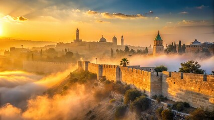 Fototapeta premium Ancient Jerusalem wall at sunrise with golden light and morning mist