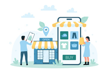 Mobile phone app for shopping vector illustration. Cartoon tiny people with smartphone buy fashion clothes and shoes in catalog of online retail store, search product in marketplace category and sales