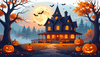 Spooky Halloween scene featuring a haunted house illuminated by moonlight, surrounded by pumpkins and bats.