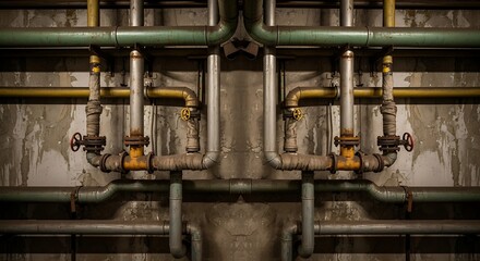 Industrial Piping System A symmetrical composition of pipes, valves, and connections on a textured wall