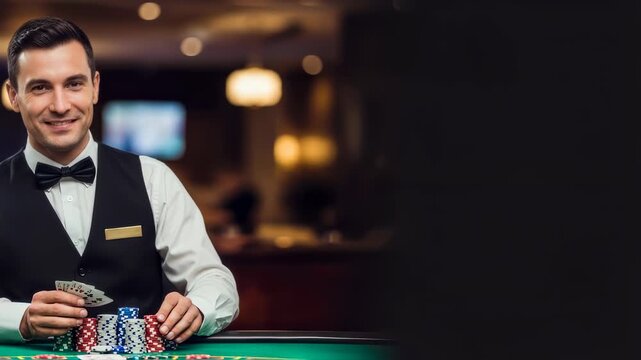 Smiling croupier man dealing poker playing cards and casino chips on a green felt table, entertainment gambling game footage. - Powered by Adobe