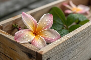 Fototapeta premium Close-Up of Pink Plumeria Flower with Dew Drops in Wooden Box on Rustic Background