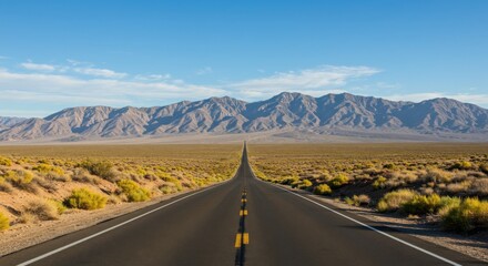 A long, straight road stretches through the desert towards distant mountains