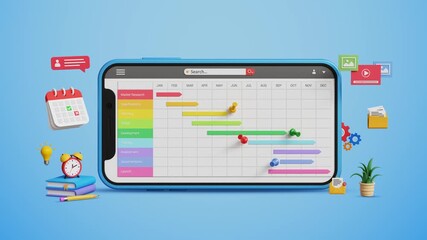 Project management, follow up progress, project work by using gantt chart. Update tasks and milestones, progress planning and scheduling. Gantt chart dashboard, planning on mobile. 4K 3D animation