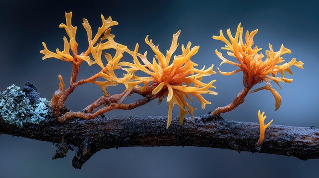 Orange lichen clusters on a branch