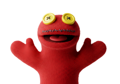 Red Puppet with Button Eyes and Open Mouth isolated on transparent background