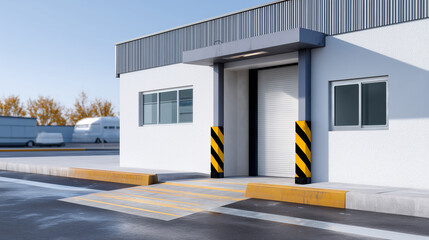 A modern industrial building with an open door and loading dock, ready for delivery