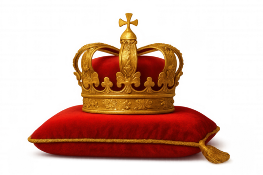 Golden royal crown sitting atop plush red velvet pillow, symbolizing monarchical prestige against clean transparent backdrop