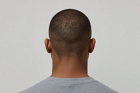 Man's shaved head, studio shot, rear view, gray background, hair loss