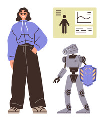 Person in casual attire alongside high-tech robot holding a shield, with a data analytics board. Ideal for technology, AI, teamwork, digital safety, innovation, modern trends, simple flat metaphor