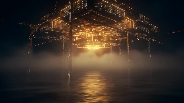 Offshore oil rig structure night fog