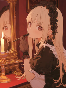 Gothic Lolita Anime Girl by Candlelight with Mirror Reflection