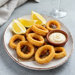 Naklejka premium Golden-brown and crispy Spanish Calamares a la Romana (fried calamari rings), lightly battered, served with lemon wedges and aioli on a rustic white plate, 