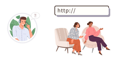 Customer service agent wearing a headset communicates remotely. Two women seated discuss and browse content together. Ideal for teamwork, online communication, customer care, collaboration, internet