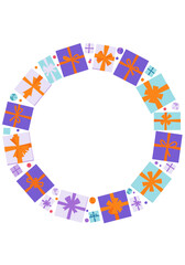 Naklejka premium A circular arrangement of colorful gift boxes and presents embellished with ribbons and bows creating a festive decorative frame