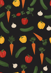 A vibrant collection of fresh vegetables including carrots bell peppers cucumbers garlic and parsley on a dark background