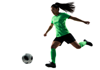 Female Soccer Player in Action Dynamic Kick Green Jersey White Background on transparent background
