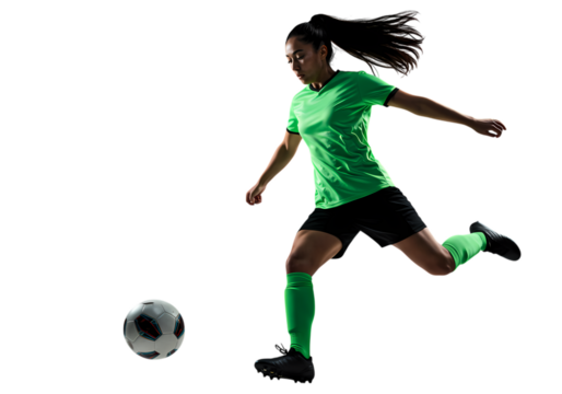 Female Soccer Player in Action Dynamic Kick Green Jersey White Background on transparent background