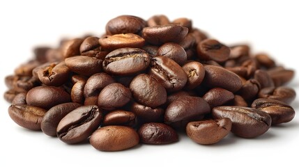 Obraz premium A close up pile of roasted coffee beans on a white background