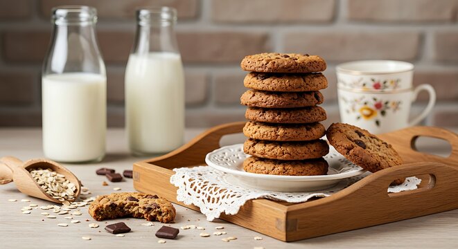 Homemade Oatmeal Chocolate Chip Cookies in Rustic Cozy Kitchen Setting