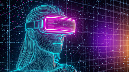 Wireframe Woman in Neon VR Headset: Futuristic Metaverse Concept, Digital Art