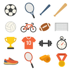 Sports Icons: A vibrant collection of meticulously crafted flat-design icons, artfully depicting an array of sports and athletic equipment, offering a versatile visual resource for athletic, fitness.