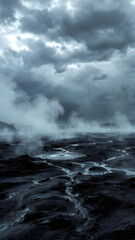 Obraz premium A landscape with dark, rocky terrain, winding streams, and a swirling pool under a cloudy sky above