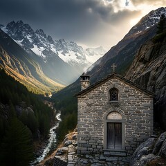 Mountain chapel, valley, dramatic light