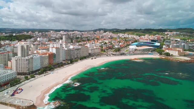 Aerial View of Playa del Orzan Beach in A Coruna, Galicia, Spain