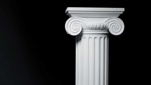 Ionic order column stands in stark contrast, its spiraled volutes and fluted shaft set against a void