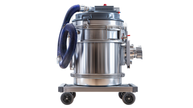 Large industrial vacuum cleaner with stainless steel body background isolated on a Transparent background, PNG file.