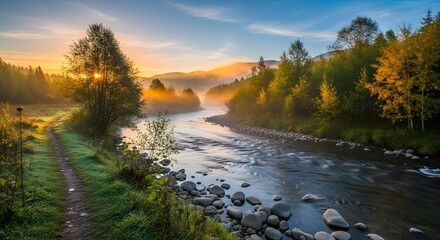 Fototapeta premium A beautiful landscape with a flowing river. Generative AI.