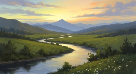 Obraz premium A beautiful landscape with a flowing river. Generative AI.