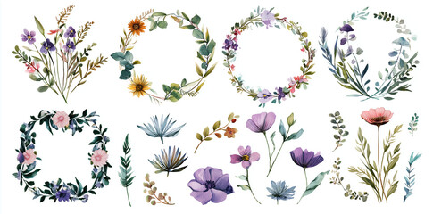 Watercolor flowers and wreaths feature soft, painterly textures for wedding invites, branding, and elegant posters.