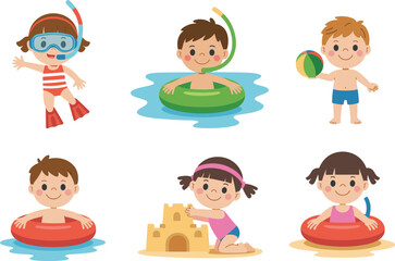 Cartoon kids enjoying beach activities, summer vacation fun, swimming, sandcastle building, snorkeling, water play, cute children vector illustration.