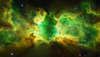 Cosmic  Green and Yellow Nebula's Symmetrical Dance