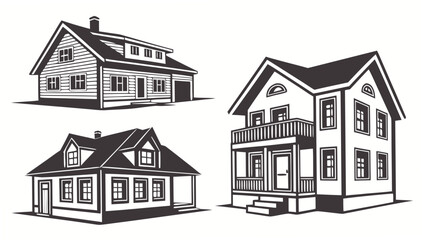 Collection of three distinct architectural house designs in a clean modern vector graphic style