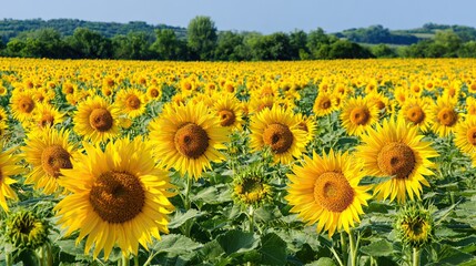 Fototapeta premium Large expanses of sunflowers blooming, and the flat backdrop creates an endless sea of flowers, capturing the beauty of nature, perfect for artistic or photographic backgrounds.