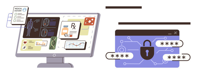 Fototapeta premium Medical dashboard featuring health charts, prescriptions, and genome sequencing with padlock and password representing cybersecurity. Ideal for tech, healthcare, data privacy, innovation, analysis