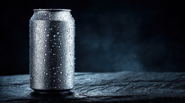 Blank Soda Can with Water Droplets on Dark Slate