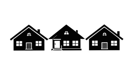 Three identical simple house silhouettes lined up side by side against a black background with a white outline