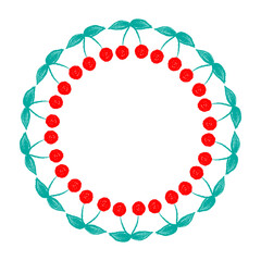 Round frame of berries, cherries. Hand drawn illustration in textured style. Perfect for food design, stickers, scrapbooking, packaging and menus.