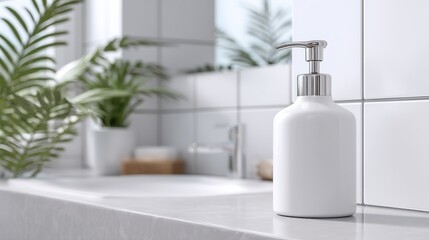 Fototapeta premium White Pump Bottle in a Minimalist Bathroom