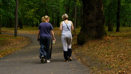 Two women enjoy a leisurely walk on a winding path in a tranquil park during autumn in the afternoon hours